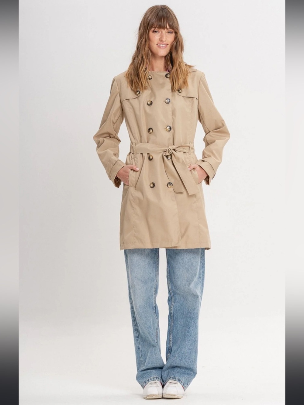 Aqua Classic Beige Double-Breasted Trench with Waist Tie
